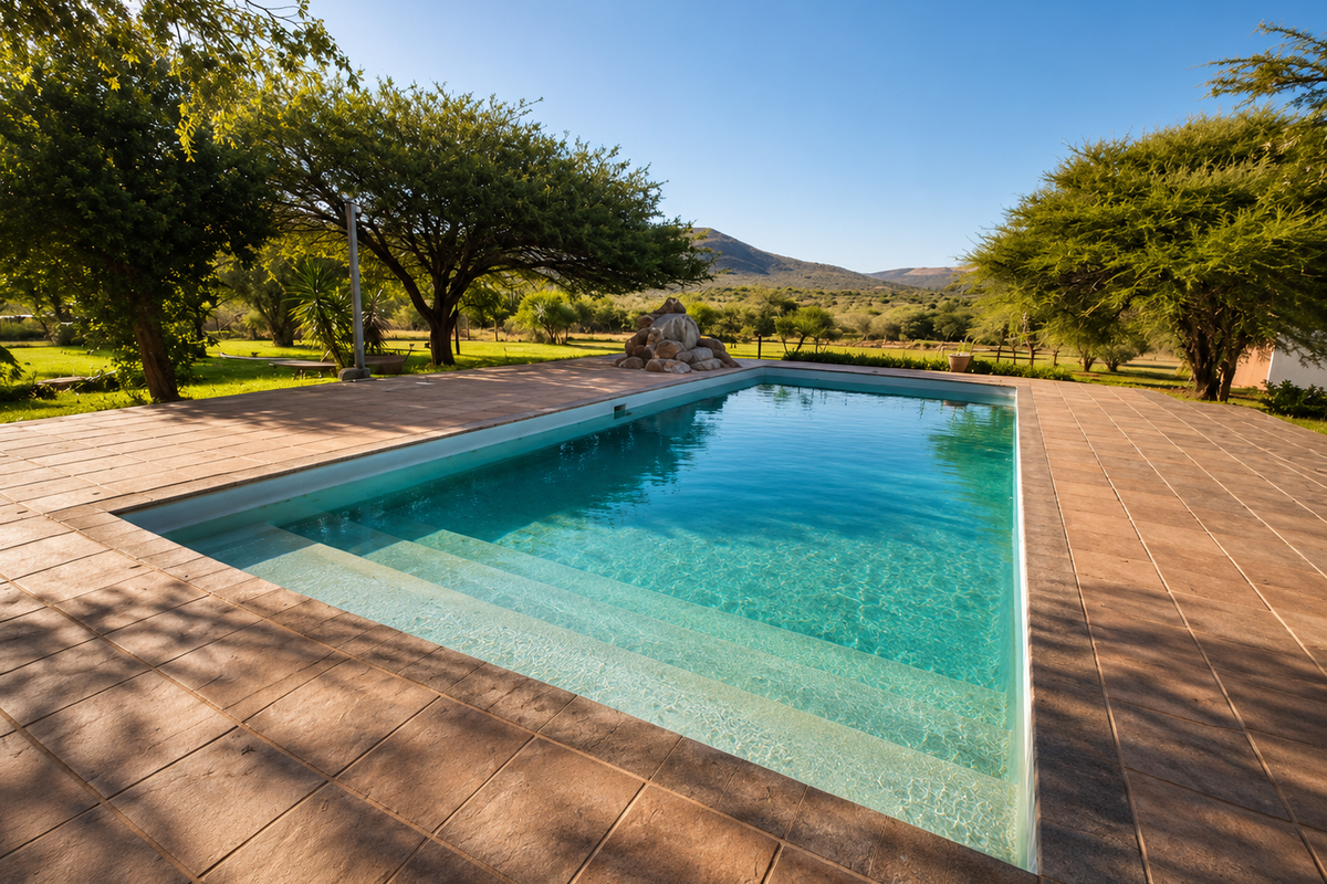 A well-maintained outdoor swimming pool area featuring a tiled deck, built-in steps, and a decorative rock water feature set against a scenic landscape.