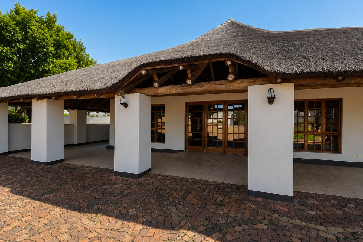 A spacious covered patio area featuring a traditional thatched roof, exposed timber beams, and tiled flooring, providing a seamless transition to the exterior.