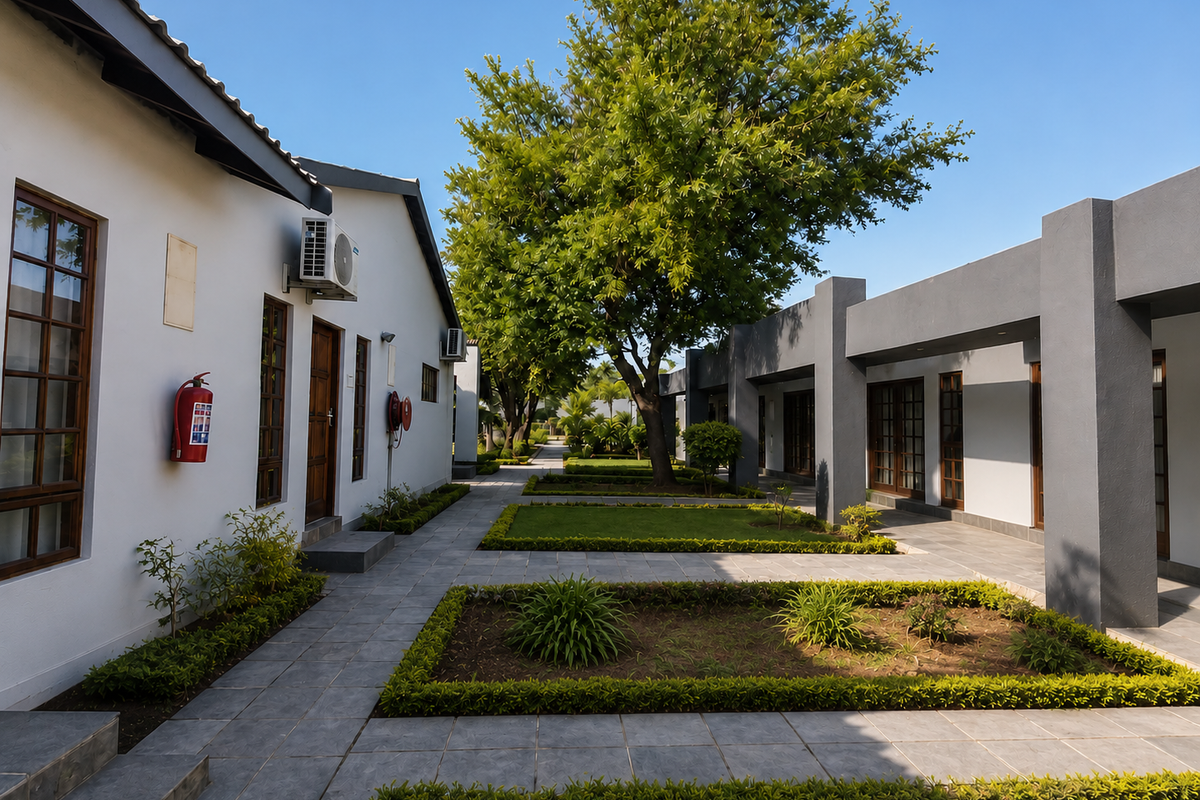 A well-maintained courtyard area featuring tiled walkways, landscaped garden beds, and modern building facades with integrated air conditioning units.