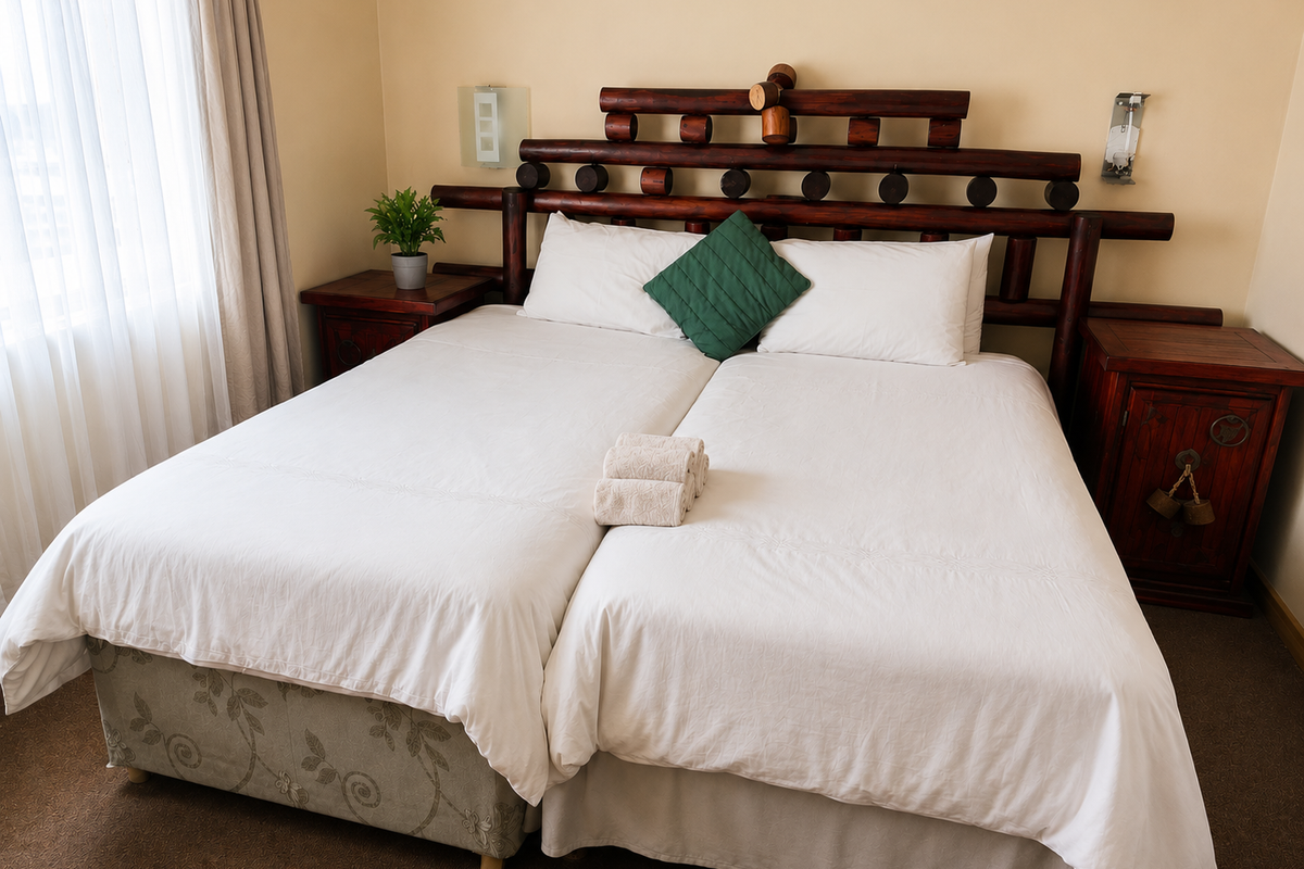 A well-maintained bedroom featuring a rustic timber headboard, neutral wall finishes, and carpeted flooring with natural light from the window.