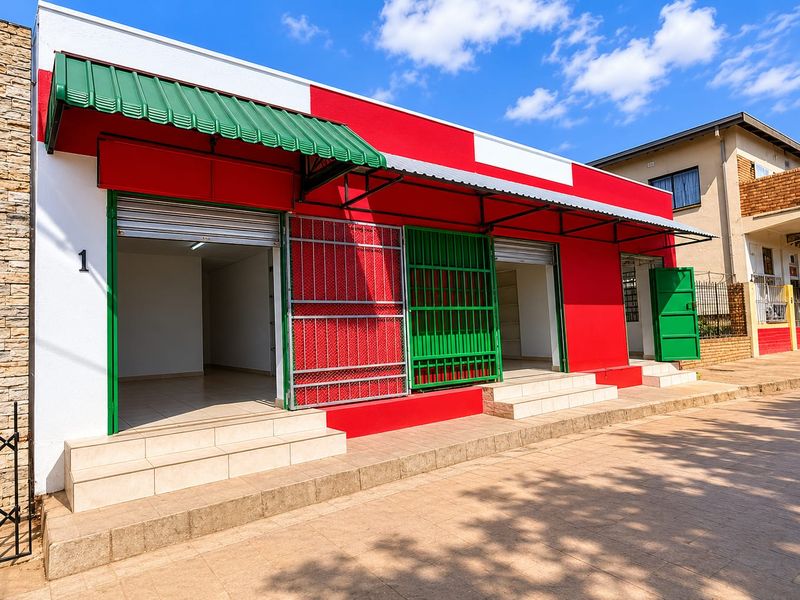 Commercial storefront featuring vibrant red facade, green metal awnings, security roller shutters, and tiled entrance steps.