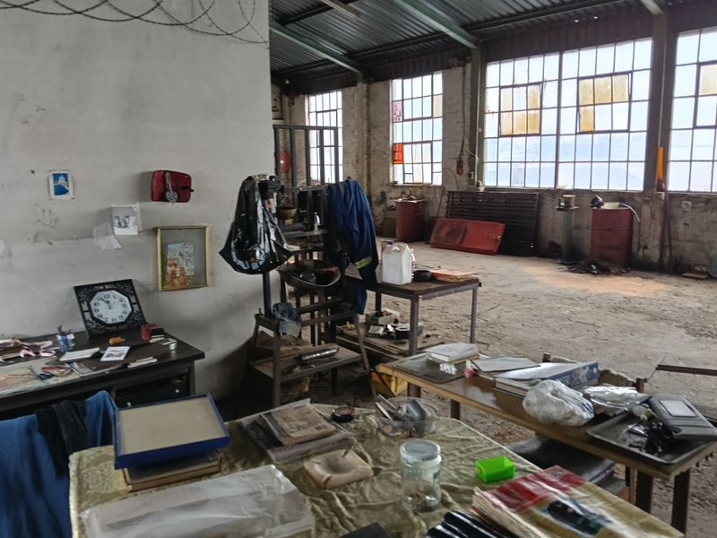 Spacious industrial workshop featuring high ceilings, large multi-pane windows, exposed steel trusses, and concrete flooring, suitable for manufacturing or storage operations.