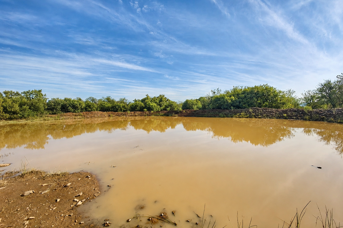 A wide-angle view of a natural earthen farm dam surrounded by indigenous vegetation under a clear blue sky.