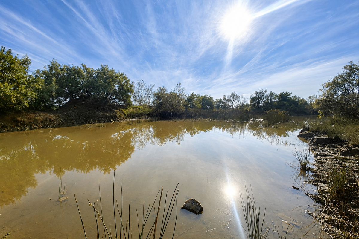 A scenic view of a natural farm pond surrounded by native trees and vegetation under a bright blue sky.