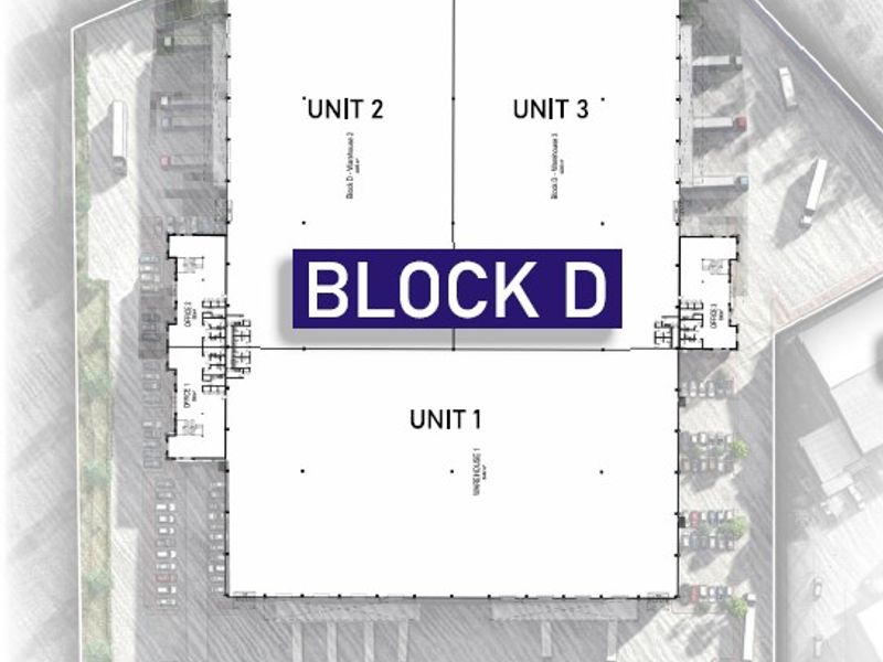 Architectural site plan showing the layout of Block D, featuring three industrial warehouse units with integrated office spaces and loading bays.