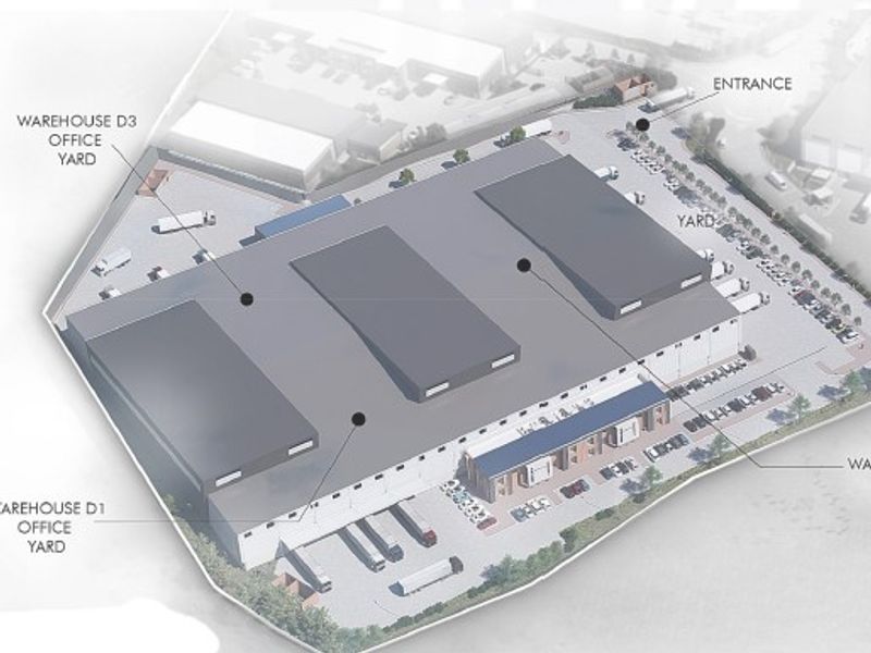 Aerial perspective rendering of an industrial warehouse complex featuring multiple loading bays, office facilities, and extensive yard space.