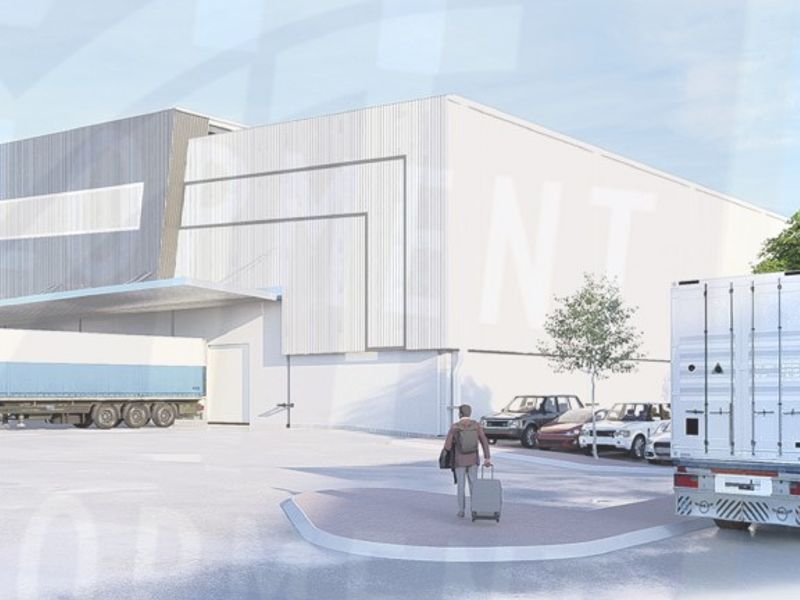 A digital rendering of an industrial warehouse facility featuring a large loading bay, metal cladding, and an expansive asphalt yard for logistics operations.