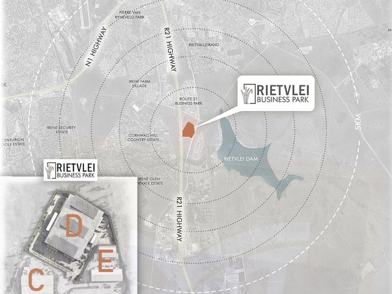 A location map and site layout plan for Rietvlei Business Park, highlighting its proximity to major highways and local landmarks.