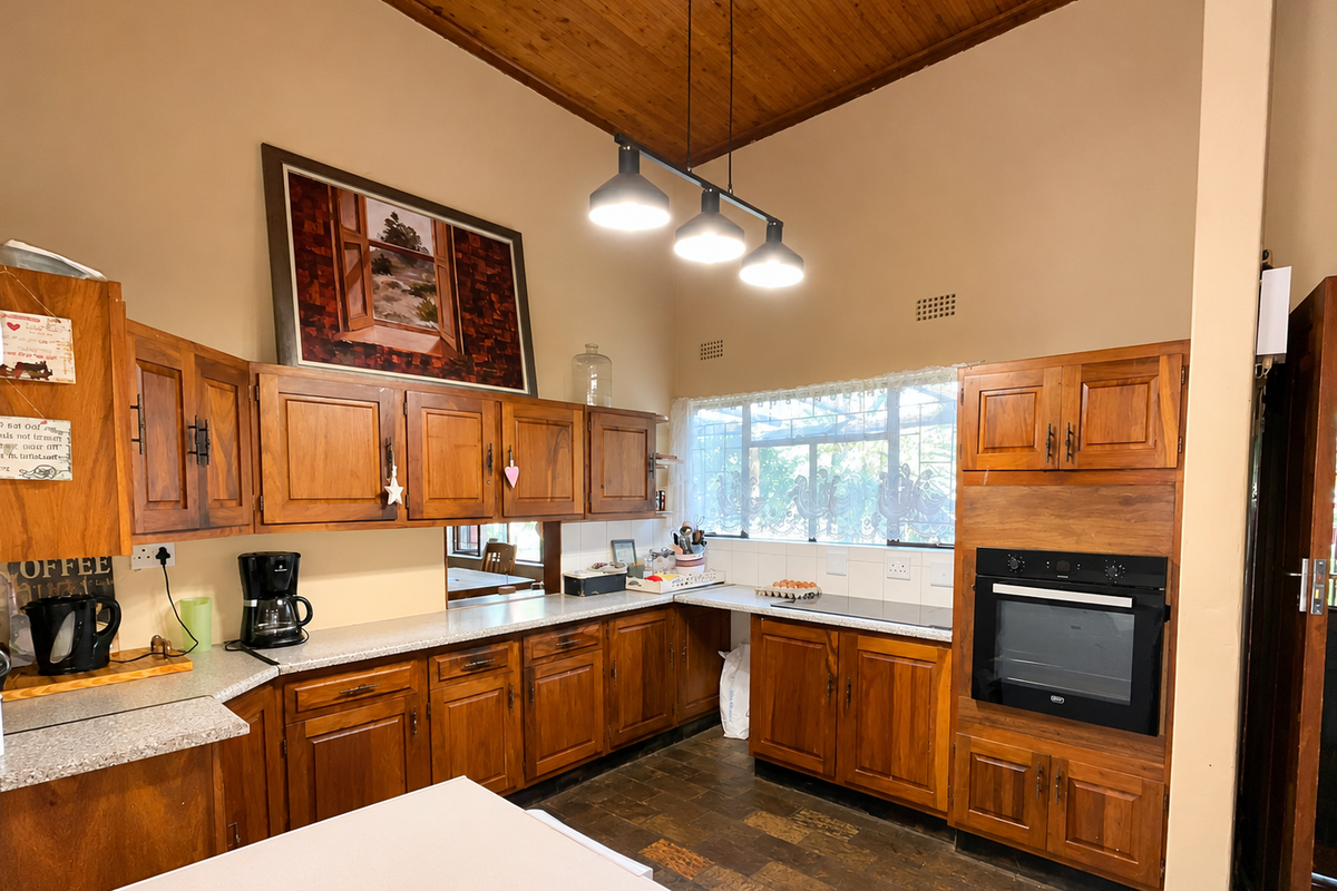 A functional kitchen featuring warm timber cabinetry, a built-in oven, electric hob, and a high timber-clad ceiling with pendant lighting.