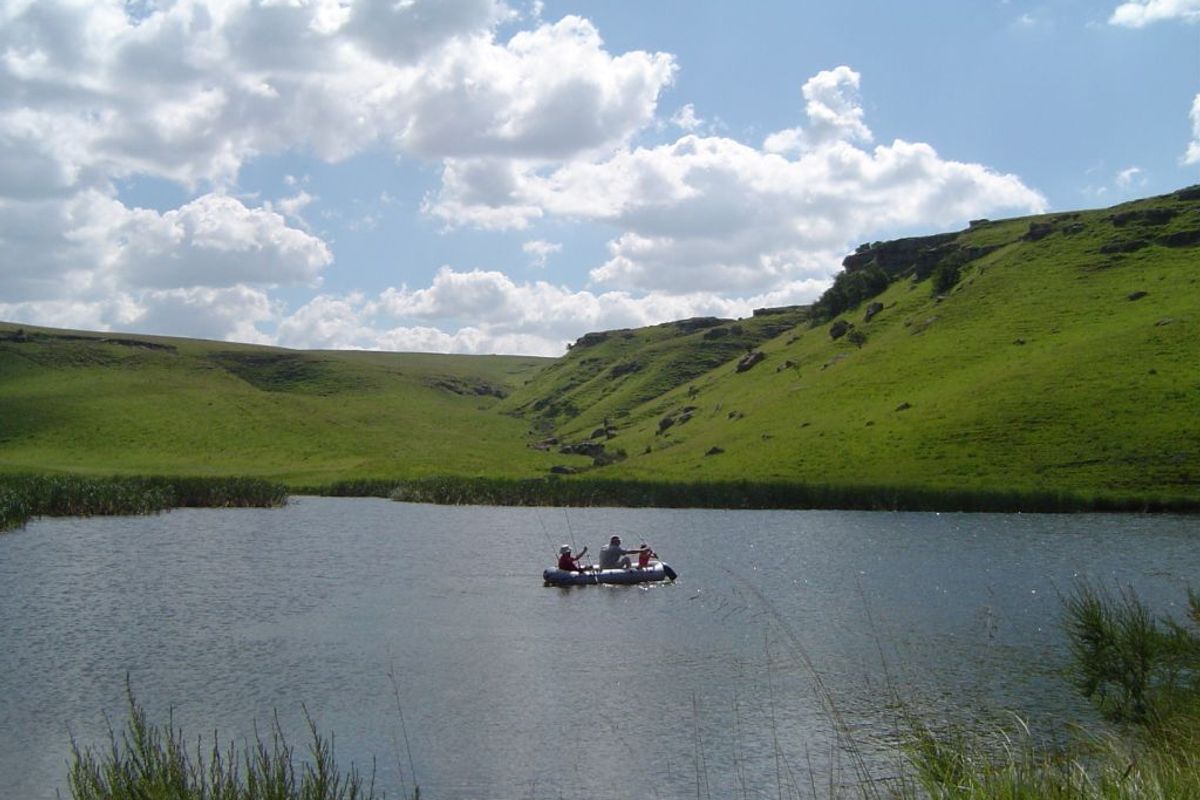 A scenic view of a natural farm dam surrounded by rolling green hills and grassy banks.