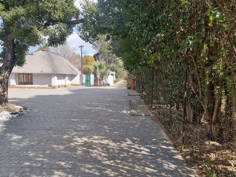 A paved driveway leading towards a commercial property featuring a traditional thatch roof structure, surrounded by mature trees and established perimeter fencing.