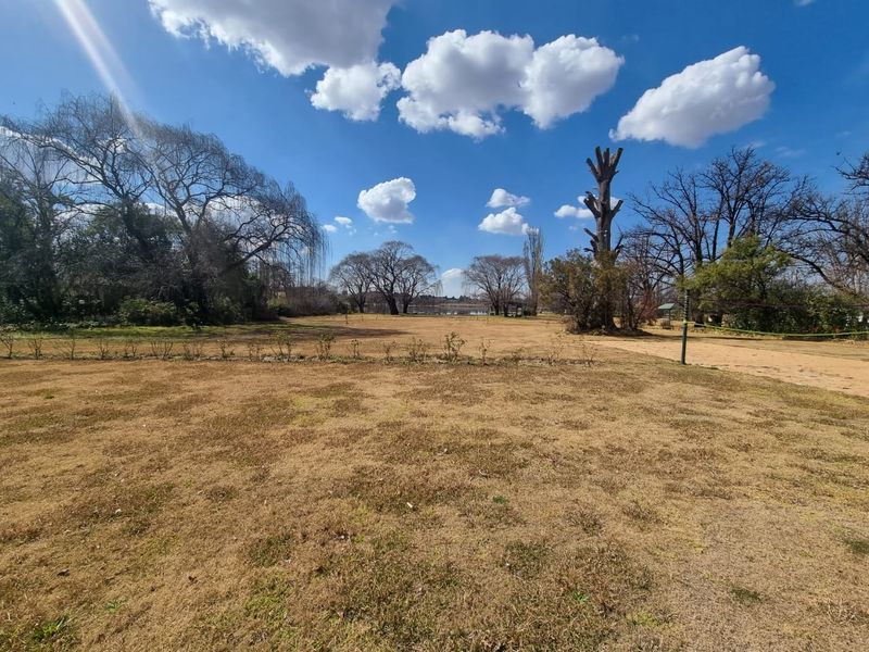 A wide, open garden area featuring mature trees and expansive lawn space, currently showing signs of seasonal dryness.