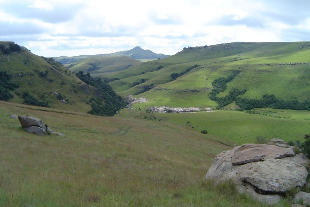 A scenic landscape view of rolling green hills and rocky terrain on the farm property.