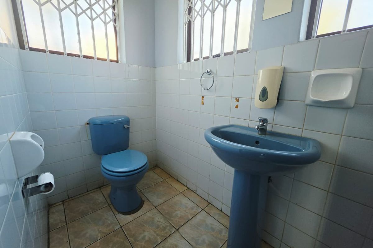 A functional office bathroom featuring blue sanitaryware, tiled walls, and security bars on the windows, requiring cosmetic updates to improve its overall condition.