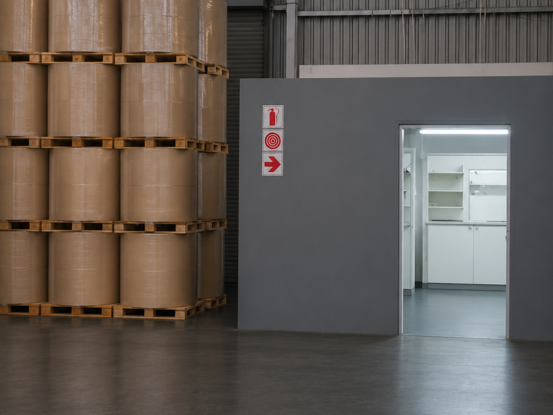 Industrial warehouse space featuring high-bay lighting, polished concrete floors, and a partitioned office or utility room with built-in cabinetry.