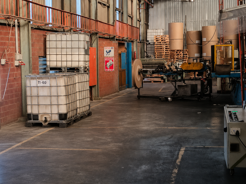 Spacious industrial warehouse facility featuring high ceilings with exposed steel trusses, corrugated metal walls, and durable concrete flooring suitable for manufacturing or storage operations.