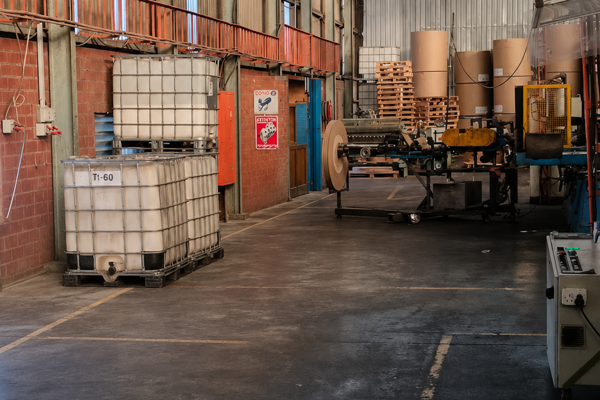 Spacious industrial warehouse facility featuring high ceilings with exposed steel trusses, corrugated metal walls, and durable concrete flooring suitable for manufacturing or storage operations.
