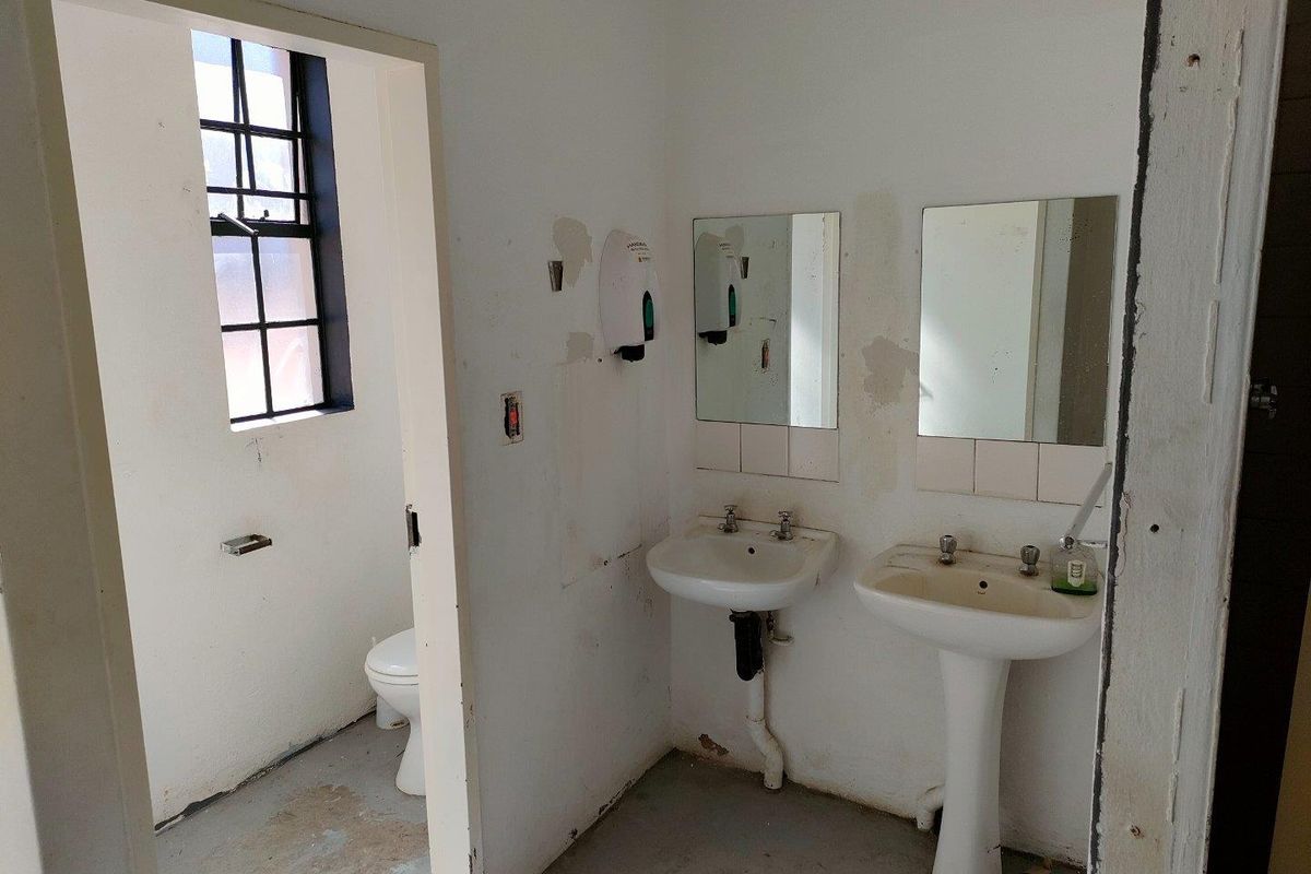 Industrial restroom facility featuring dual pedestal basins, wall-mounted mirrors, and a separate toilet cubicle with a steel-framed window.