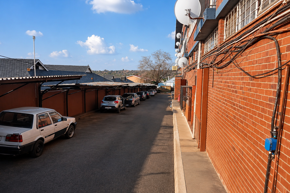 Exterior view of a retail property parking area featuring covered carports and exposed brick facade with external utility cabling.
