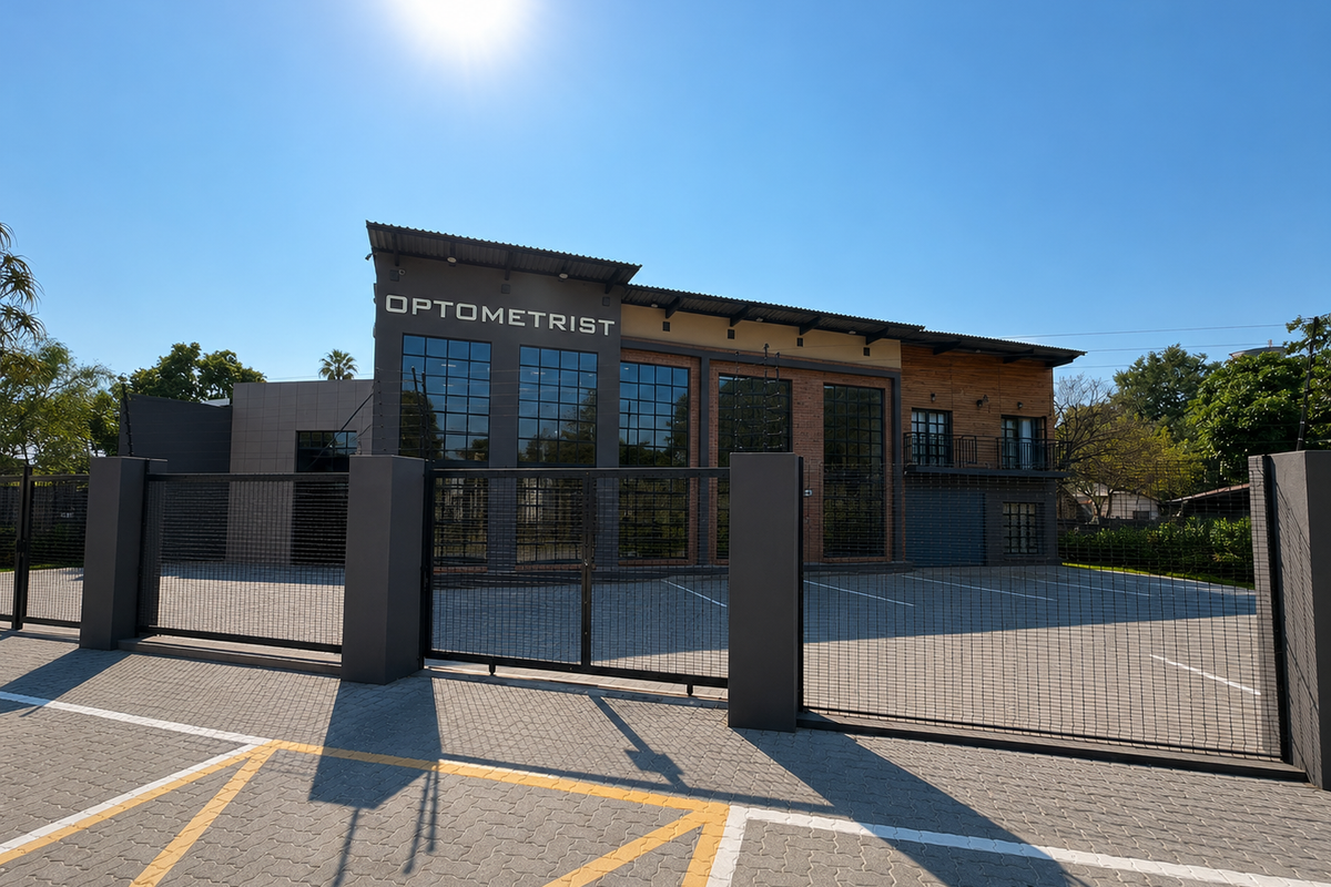 Modern commercial office building featuring a prominent glass facade, brick and timber cladding, secure gated parking, and electric fencing.