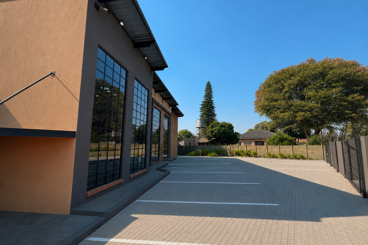 Exterior view of the office building featuring a paved parking area, industrial-style steel-framed windows, and a well-maintained perimeter.
