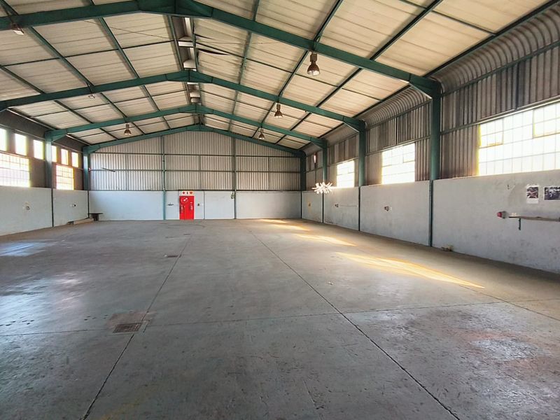 Spacious industrial warehouse featuring a steel portal frame, concrete flooring, high-bay lighting, and a large roller shutter door for efficient access.