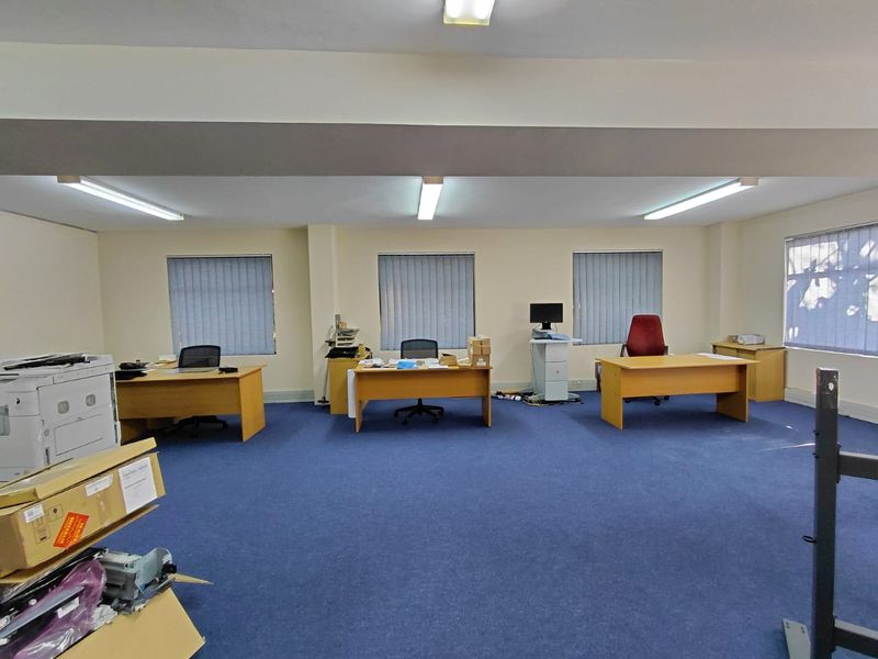 A spacious open-plan office area featuring blue carpeting, multiple windows with vertical blinds, and overhead fluorescent lighting.