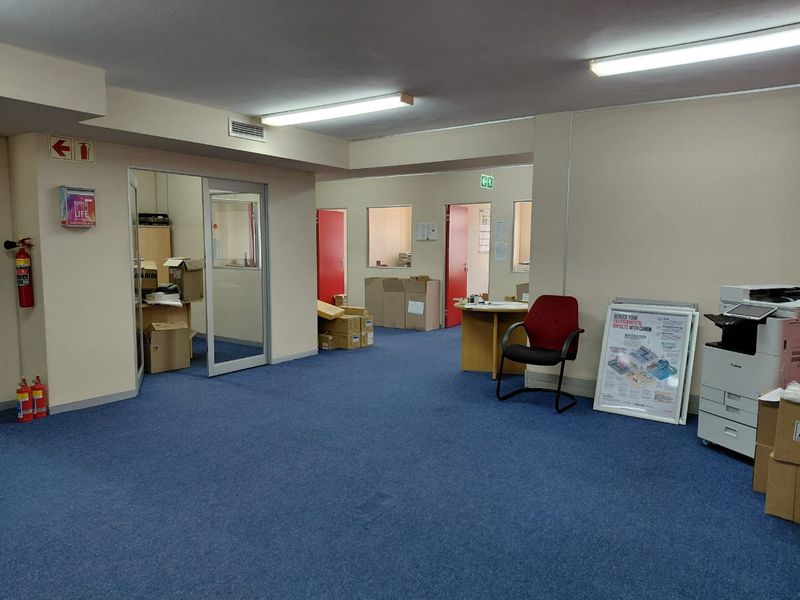 Open plan office area featuring blue carpeting, fluorescent lighting, and multiple internal glass-partitioned office rooms.