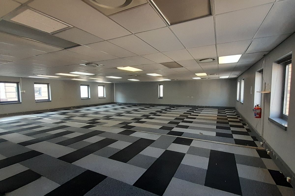 A large, open-plan office space featuring a suspended ceiling with recessed lighting and a patterned carpet tile floor.