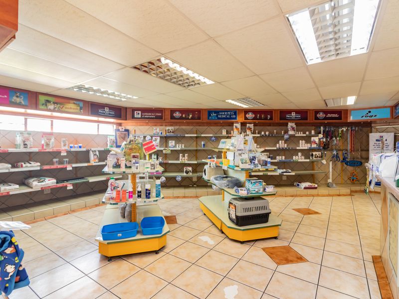 A commercial retail office space featuring suspended ceilings, recessed lighting, and extensive built-in wall shelving units with ceramic tiled flooring.