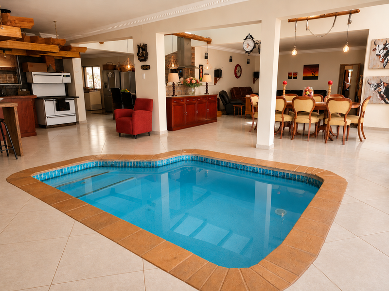Spacious open-plan living area featuring a unique indoor swimming pool, integrated kitchen with built-in cabinetry, and exposed timber ceiling beams.
