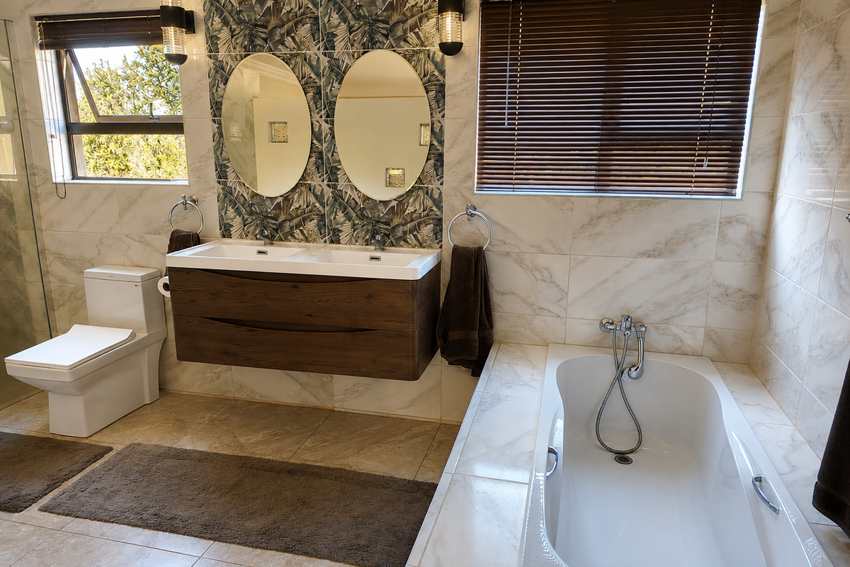 Modern bathroom featuring a double vanity with wall-mounted cabinetry, a built-in bathtub, tiled finishes, and large windows with venetian blinds.