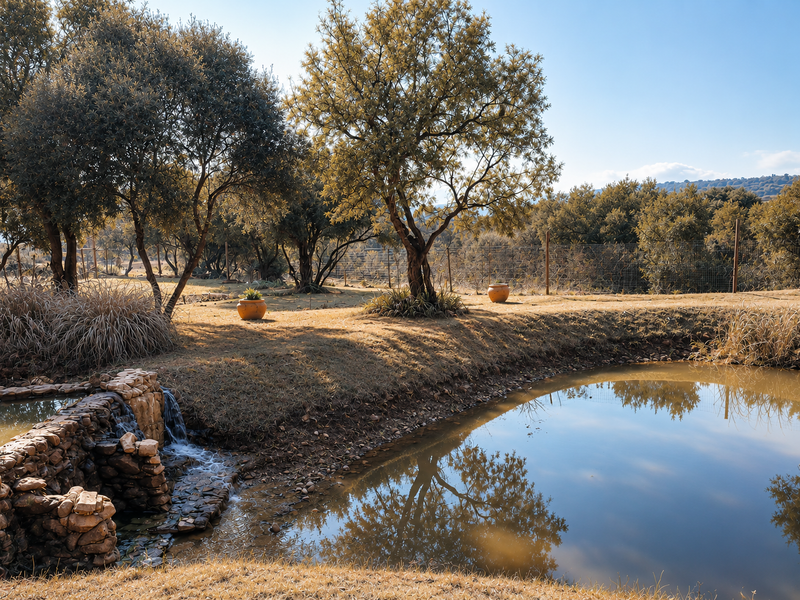 A tranquil farm garden featuring a stone water feature, a naturalistic pond, and mature trees set against a rural landscape.