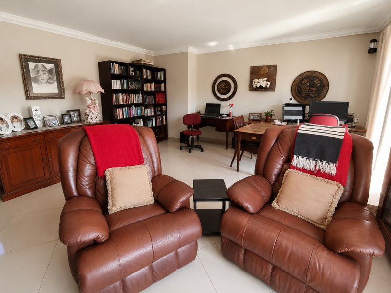 A well-maintained living room featuring tiled flooring, crown molding, and a large built-in shelving unit, currently utilized as a combined lounge and home office space.