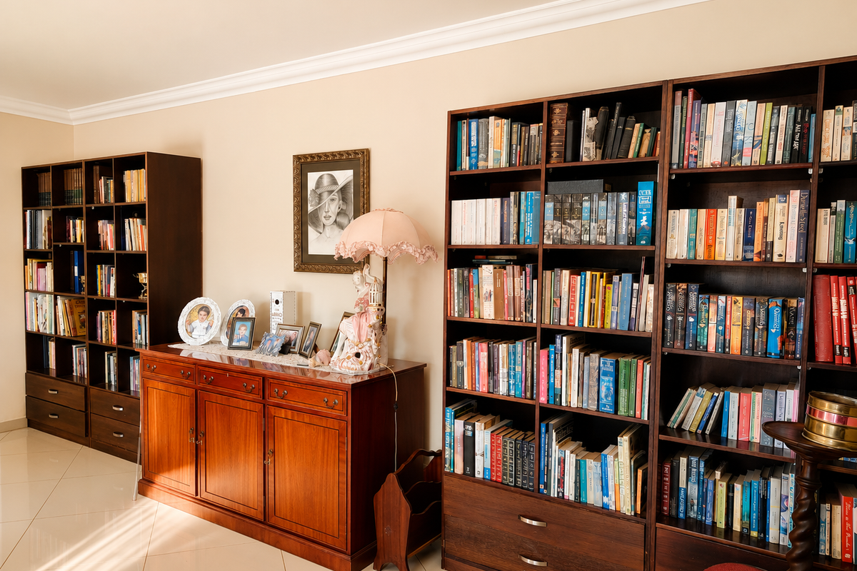 A well-maintained living area featuring extensive built-in wooden bookshelves, elegant crown molding, and polished tiled flooring.