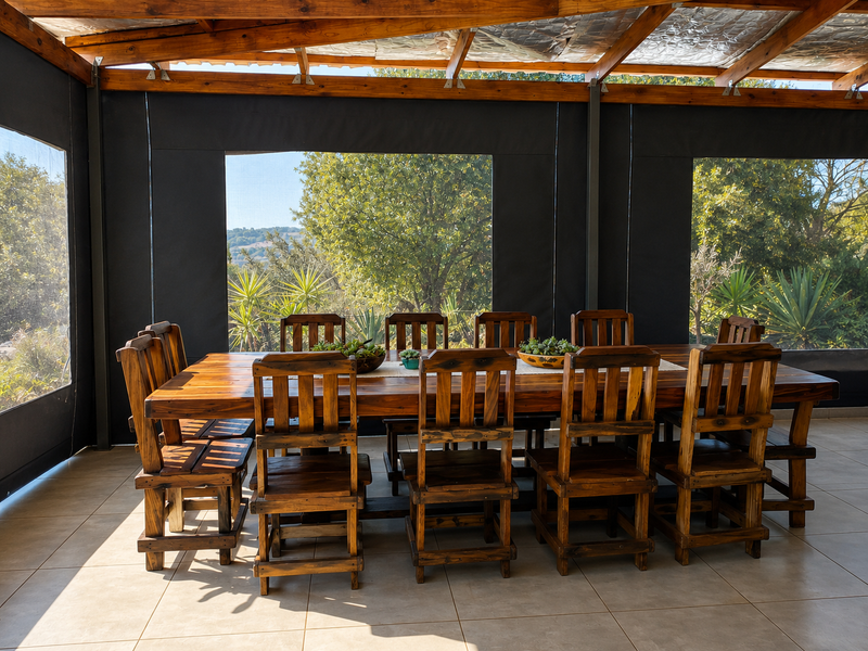 A covered outdoor patio area featuring a timber roof structure, tiled flooring, and retractable canvas side screens, offering a pleasant space for outdoor dining.