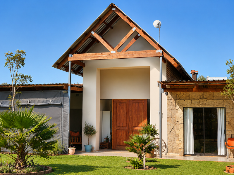 Rear elevation of a farm-style residence featuring a prominent timber truss, corrugated metal roof, stone cladding, and double timber entrance doors.