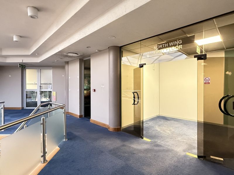 A spacious commercial hallway featuring a glass-partitioned entrance to the North Wing, carpeted flooring, and natural light provided by a skylight.