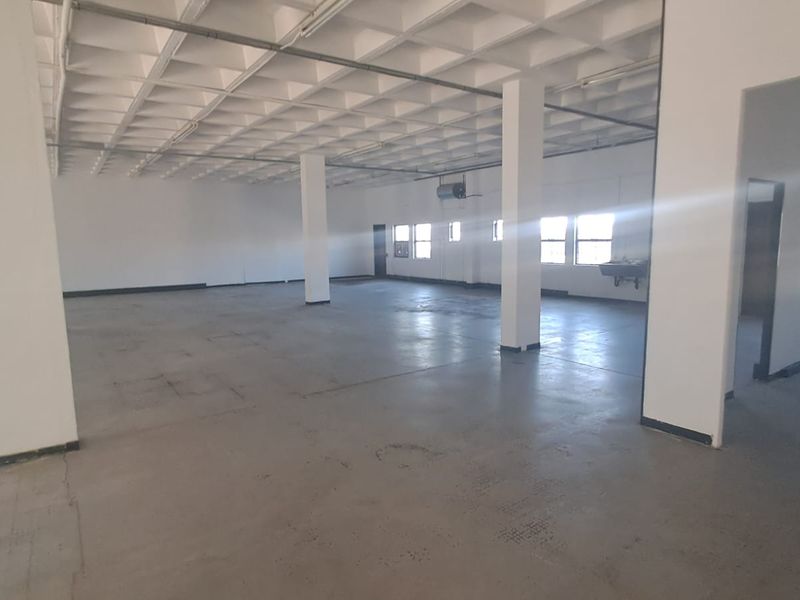 Spacious open-plan industrial unit featuring a waffle slab ceiling, concrete flooring, structural columns, and large windows providing ample natural light.