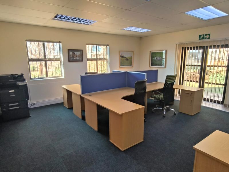 A functional office space featuring carpeted flooring, recessed lighting, and large windows with security bars, providing a professional work environment.
