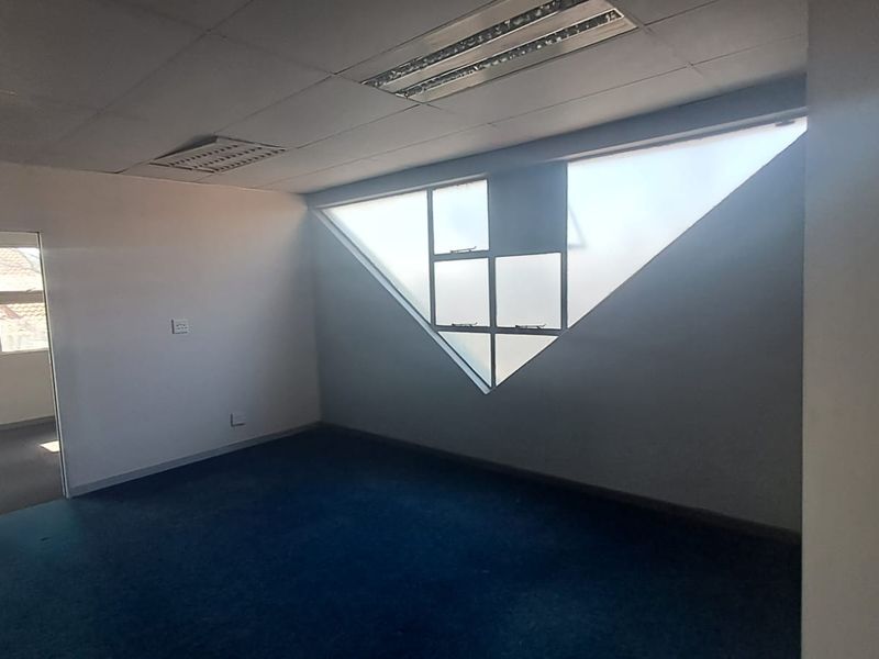 An empty office space featuring a unique triangular window, suspended ceiling with recessed lighting, and blue carpet flooring.