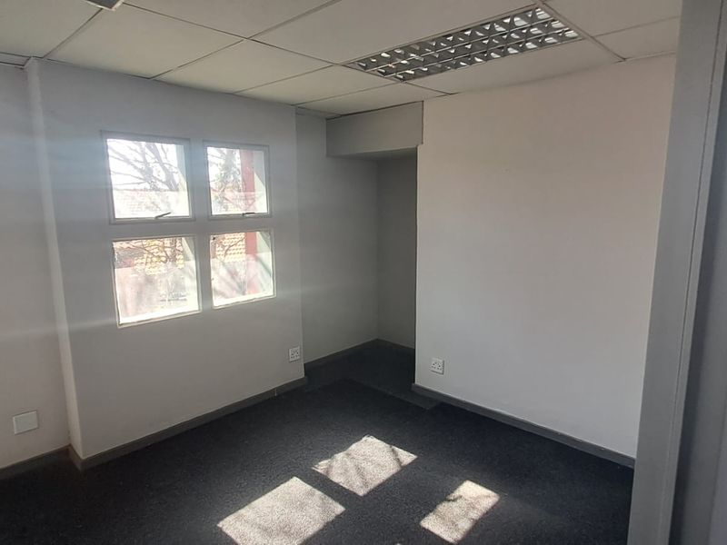 A vacant office space featuring a suspended ceiling with recessed lighting, carpeted flooring, and natural light from a multi-pane window.