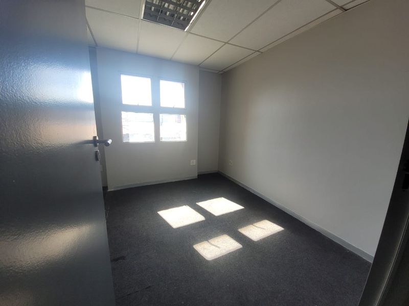 A vacant, well-lit office space featuring a suspended ceiling, recessed lighting, and carpeted flooring, ready for professional use.