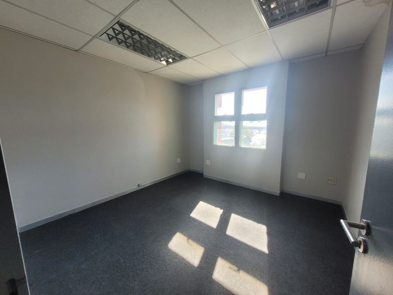 A clean, empty office space featuring neutral walls, dark carpeting, a suspended ceiling with recessed lighting, and a window providing natural light.