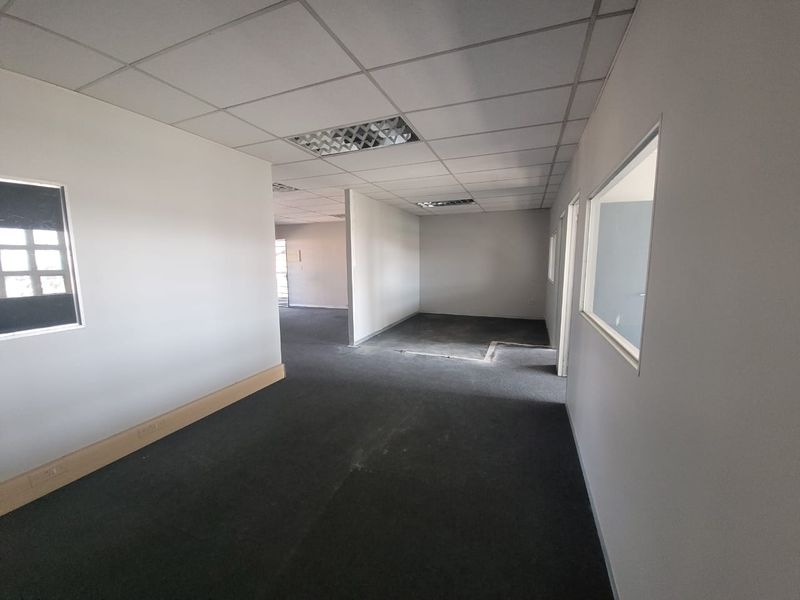 An empty, open-plan office space featuring a suspended ceiling, recessed lighting, and carpeted flooring with internal glass partitions.