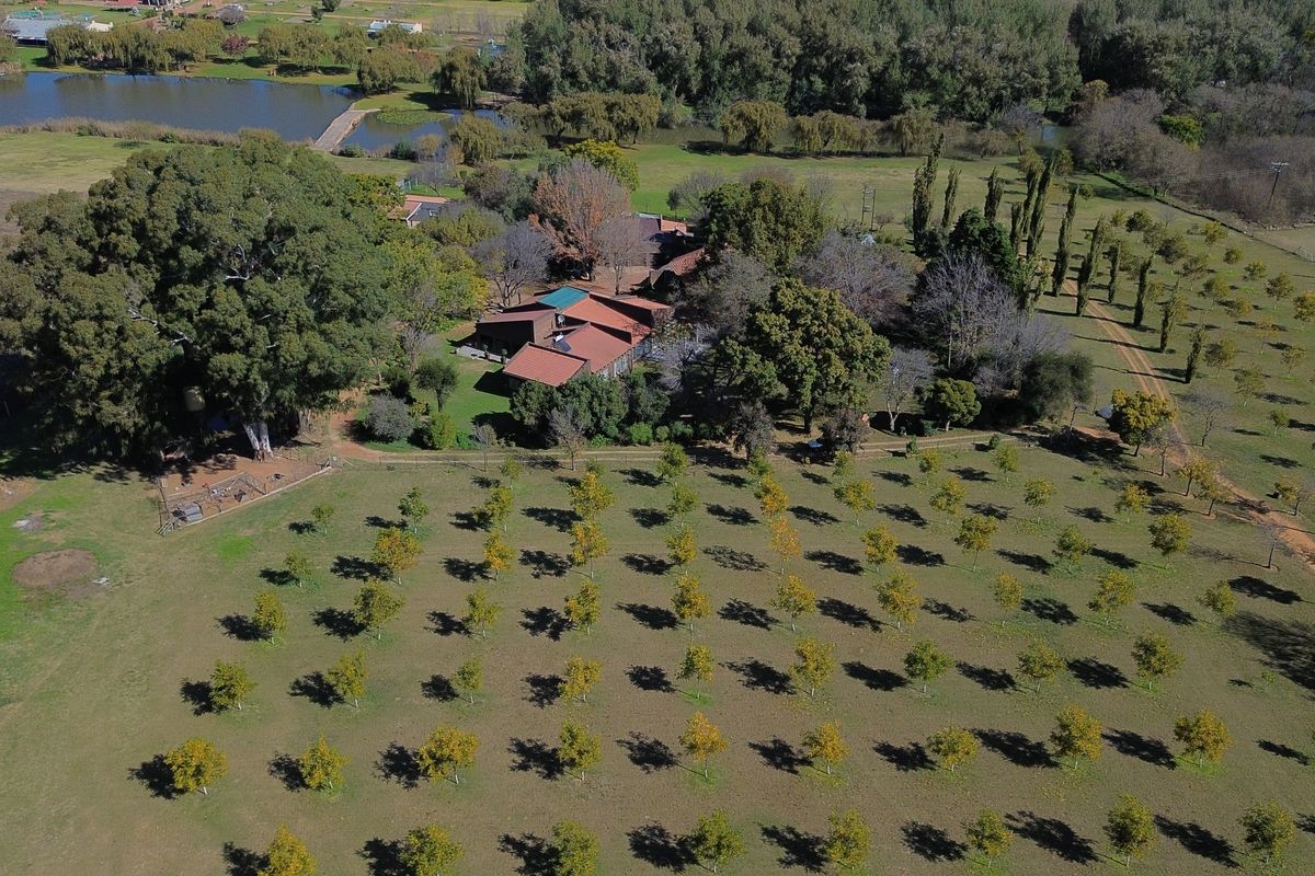 Aerial view of a farm property featuring a main residence, established orchard, and a nearby dam set within a large rural landscape.