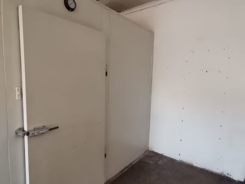 A functional utility space featuring insulated panel walls and a heavy-duty cold storage door, suitable for industrial or commercial storage requirements.