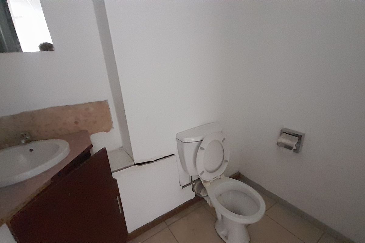 A small office bathroom featuring a vanity basin and toilet, currently requiring maintenance and cosmetic repairs to the wall finishes and cabinetry.