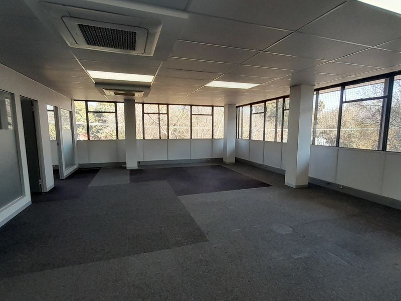 Spacious open-plan office area featuring large windows, suspended ceilings with recessed lighting, ducted air conditioning, and carpeted flooring.