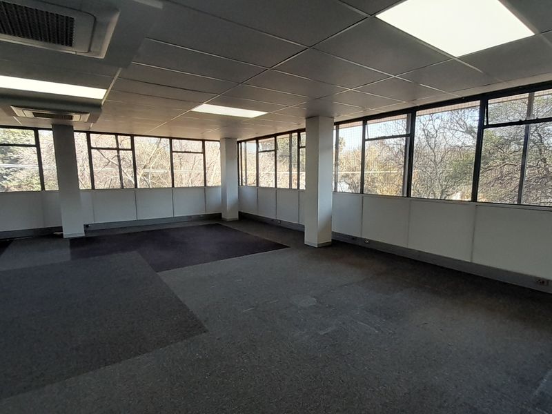 An empty, open-plan office space featuring large windows, carpeted flooring, and a suspended ceiling with integrated lighting and air conditioning.